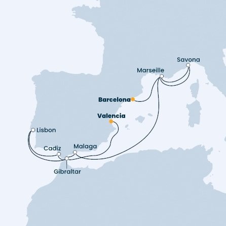 Španielsko, Francúzsko, Taliansko, Portugalsko, Gibraltár z Barcelony na lodi Costa Fascinosa