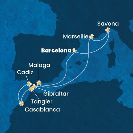 Španielsko, Taliansko, Francúzsko, Gibraltár, Maroko z Barcelony na lodi Costa Favolosa