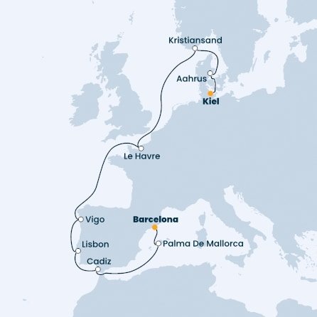 Španielsko, Portugalsko, Francúzsko, Nórsko, Dánsko, Nemecko z Barcelony na lodi Costa Fascinosa