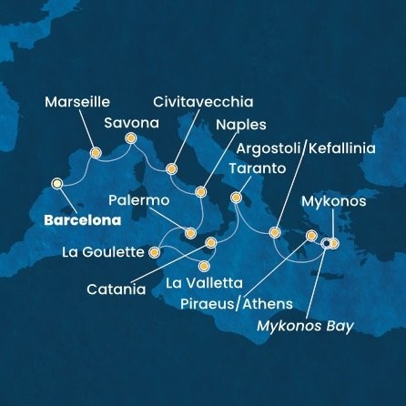 Španielsko, Francúzsko, Taliansko, Tunisko, Malta, Kefalonie, Grécko z Barcelony na lodi Costa Fascinosa