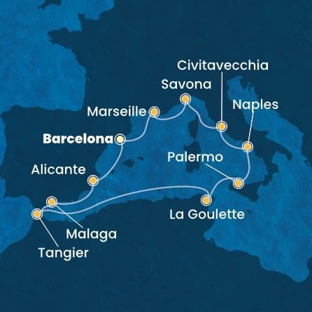 Španielsko, Maroko, Tunisko, Taliansko, Francúzsko z Barcelony na lodi Costa Toscana