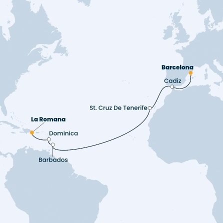 Španielsko, Barbados, Dominika, Dominikánska republika z Barcelony na lodi Costa Pacifica