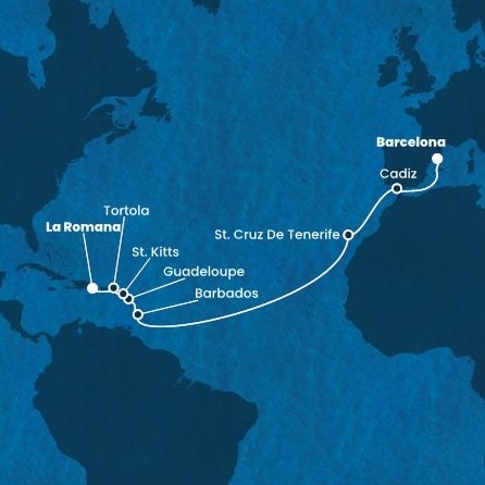 Španielsko, Barbados, Guadeloupe, Svätý Krištof a Nevis, Britské Panenské ostrovy, Dominikánska republika z Barcelony na lodi Costa Fascinosa