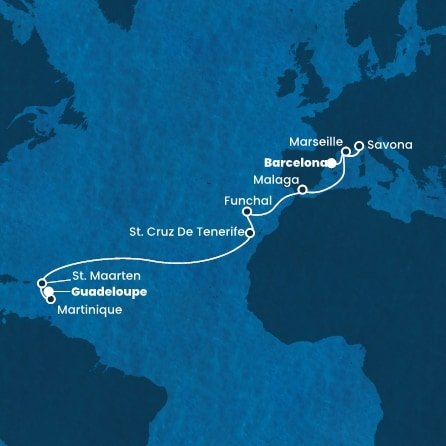 Španielsko, Francúzsko, Taliansko, Portugalsko, Svatý Martin, Martinik, Guadeloupe z Barcelony na lodi Costa Fortuna