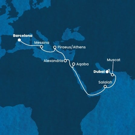 Španielsko, Taliansko, Grécko, Egypt, Jordánsko, Omán, Spojené arabské emiráty z Barcelony na lodi Costa Toscana