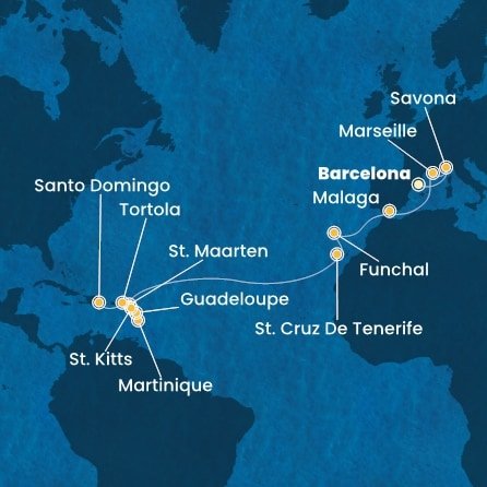 Španielsko, Taliansko, Francúzsko, Portugalsko, Svatý Martin, Martinik, Guadeloupe, Svätý Krištof a Nevis, Britské Panenské ostrovy, Dominikánska republika z Barcelony na lodi Costa Fascinosa
