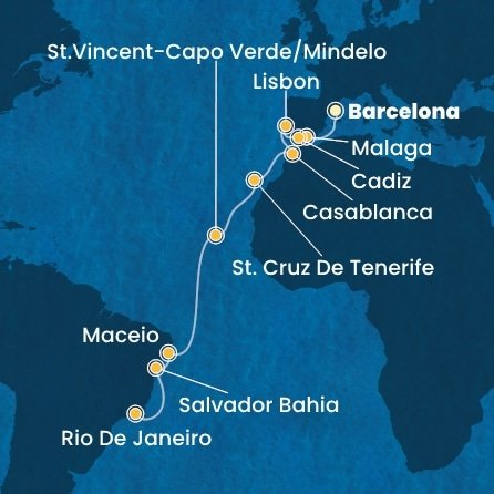 Španielsko, Portugalsko, Maroko, Kapverdy, Brazília z Barcelony na lodi Costa Diadema