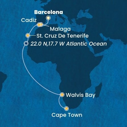 Španielsko, Namíbia, Juhoafrická republika z Barcelony na lodi Costa Smeralda