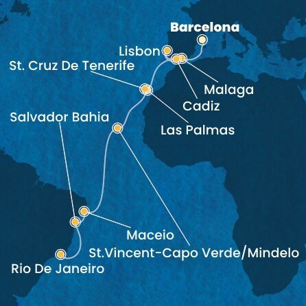 Španielsko, Portugalsko, Kapverdy, Brazília z Barcelony na lodi Costa Diadema