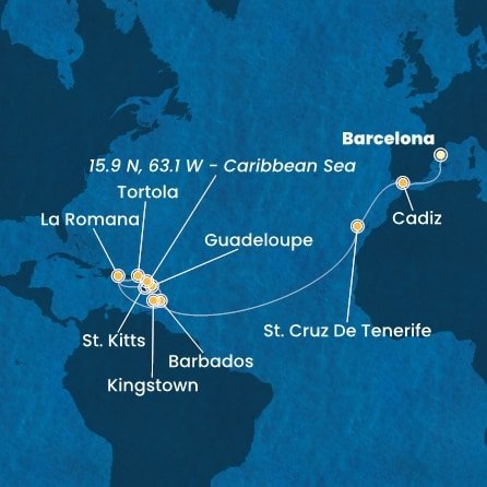 Španielsko, Barbados, Dominikánska republika, Svätý Vincent a Grenadiny, Guadeloupe, Svätý Krištof a Nevis, Britské Panenské ostrovy z Barcelony na lodi Costa Pacifica