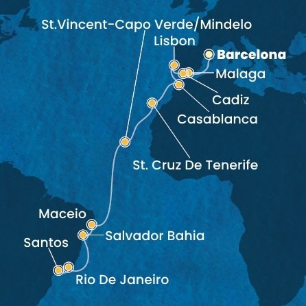 Španielsko, Portugalsko, Maroko, Kapverdy, Brazília z Barcelony na lodi Costa Diadema