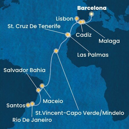 Španielsko, Portugalsko, Kapverdy, Brazília z Barcelony na lodi Costa Diadema