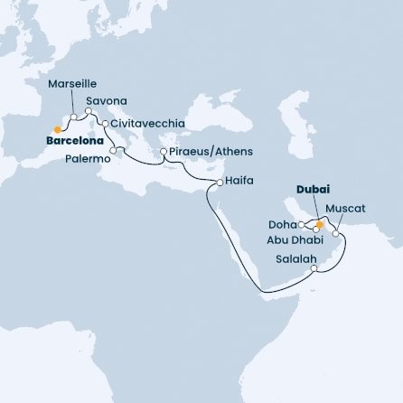 Španielsko, Francúzsko, Taliansko, Grécko, Izrael, Omán, Katar, Spojené arabské emiráty z Barcelony na lodi Costa Toscana
