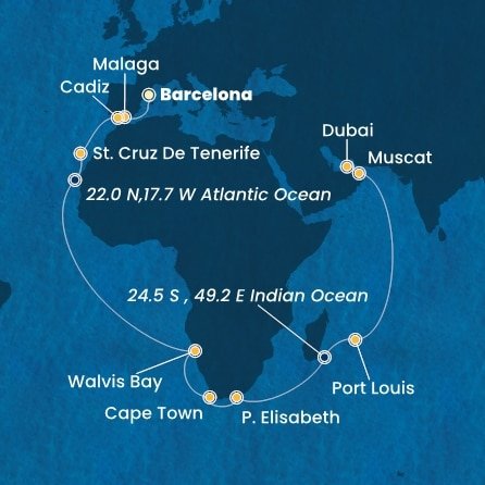 Španielsko, Namíbia, Juhoafrická republika, Maurícius, Omán, Spojené arabské emiráty z Barcelony na lodi Costa Smeralda