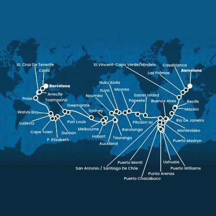 Španielsko, Maroko, Kapverdy, Brazília, Uruguaj, Argentína, Chile, Zámořské území Velké Británie, Francouzská Polynésie, Cookovy ostrovy, Tonga, Fiji, Nová Kaledonie, Nový Zéland, Austrália, Maurícius, Madagaskar, Juhoafrická republika, Namíbia z Barcelony na lodi Costa Deliziosa