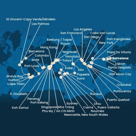 Španielsko, Portugalsko, USA, Bahamy, Panama, Kostarika, Guatemala, Mexiko, Francouzská Polynésie, Fiji, Nová Kaledonie, Austrália, Papua Nová Guinea, Japonsko, Južná Kórea, Tchaj-wan, Čína, Vietnam, Thajsko, Singapur, Malajzia, Srí Lanka, Maledivy, Maurícius, Juhoafrická republika, Namíbia, Kapverdy z Barcelony na lodi Costa Deliziosa