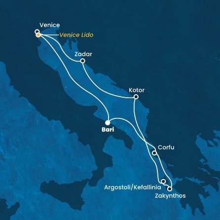 Taliansko, Grécko, Čierna Hora, Chorvátsko,  z Bari na lodi Costa Deliziosa