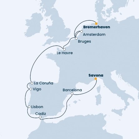 Nemecko, Belgicko, Holandsko, Francúzsko, Španielsko, Portugalsko, Taliansko z Bremerhavenu na lodi Costa Favolosa
