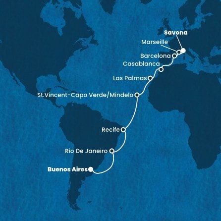 Argentína, Brazília, Kapverdy, Španielsko, Maroko, Francúzsko, Taliansko z Buenos Aires na lodi Costa Favolosa