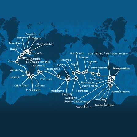 Argentína, Chile, Zámořské území Velké Británie, Francouzská Polynésie, Cookovy ostrovy, Tonga, Fiji, Nová Kaledonie, Nový Zéland, Austrália, Maurícius, Madagaskar, Juhoafrická republika, Namíbia, Kapverdy, Španielsko, Francúzsko, Taliansko, Grécko z Buenos Aires na lodi Costa Deliziosa
