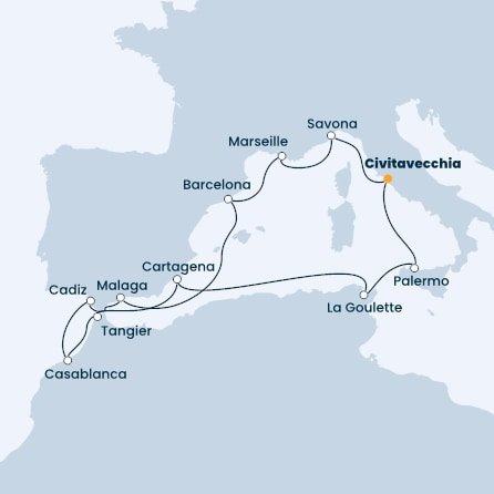 Taliansko, Tunisko, Španielsko, Maroko, Francúzsko z Civitavechie na lodi Costa Favolosa