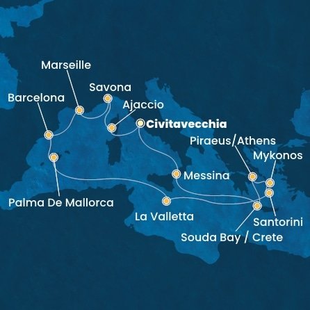 Taliansko, Francúzsko, Španielsko, Malta, Grécko z Civitavechie na lodi Costa Fascinosa