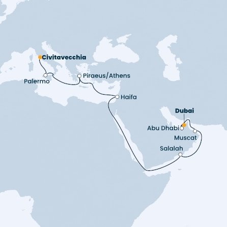 Taliansko, Grécko, Izrael, Omán, Spojené arabské emiráty z Civitavechie na lodi Costa Toscana