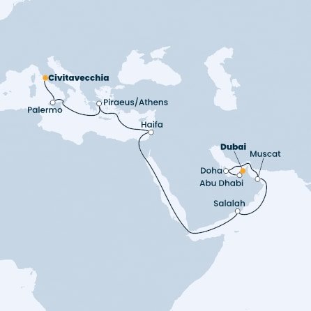 Taliansko, Grécko, Izrael, Omán, Katar, Spojené arabské emiráty z Civitavechie na lodi Costa Toscana