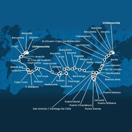 Taliansko, Francúzsko, Španielsko, Maroko, Kapverdy, Brazília, Uruguaj, Argentína, Chile, Zámořské území Velké Británie, Francouzská Polynésie, Cookovy ostrovy, Tonga, Fiji, Nová Kaledonie, Nový Zéland, Austrália, Maurícius, Madagaskar, Juhoafrická republika, Namíbia z Civitavechie na lodi Costa Deliziosa