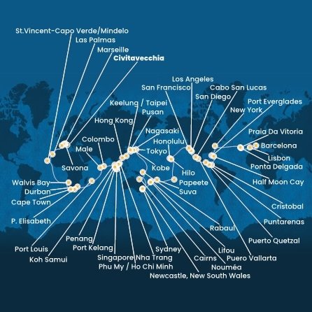 Taliansko, Francúzsko, Španielsko, Portugalsko, USA, Bahamy, Panama, Kostarika, Guatemala, Mexiko, Francouzská Polynésie, Fiji, Nová Kaledonie, Austrália, Papua Nová Guinea, Japonsko, Južná Kórea, Tchaj-wan, Čína, Vietnam, Thajsko, Singapur, Malajzia, Srí Lanka, Maledivy, Maurícius, Juhoafrická republika, Namíbia, Kapverdy z Civitavechie na lodi Costa Deliziosa