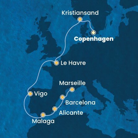 Dánsko, Nórsko, Francúzsko, Španielsko z Kodaně na lodi Costa Diadema