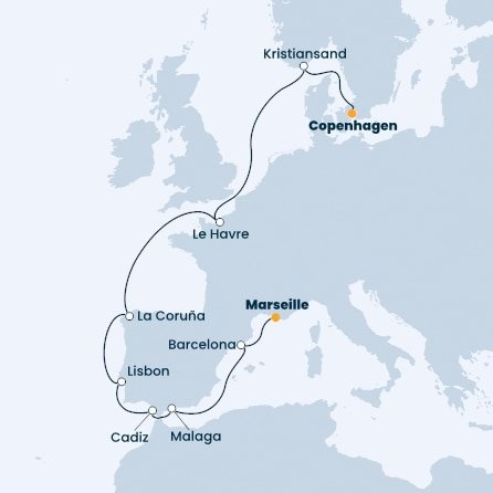 Dánsko, Nórsko, Francúzsko, Španielsko, Portugalsko z Kodaně na lodi Costa Firenze