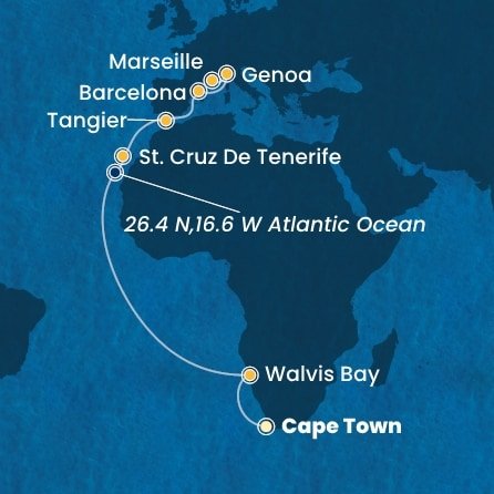Juhoafrická republika, Namíbia, Španielsko, Maroko, Taliansko, Francúzsko z Kapského Mesta na lodi Costa Smeralda