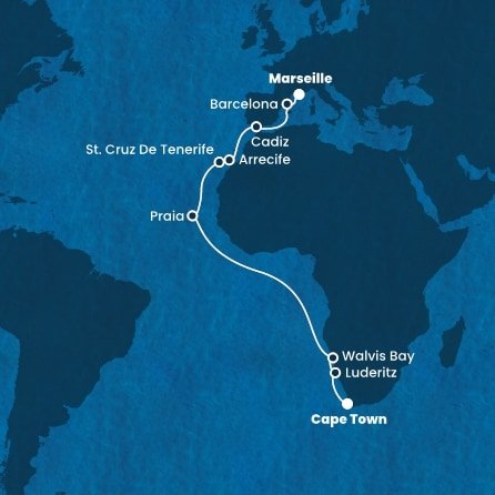Juhoafrická republika, Namíbia, Kapverdy, Španielsko, Francúzsko z Kapského Mesta na lodi Costa Deliziosa