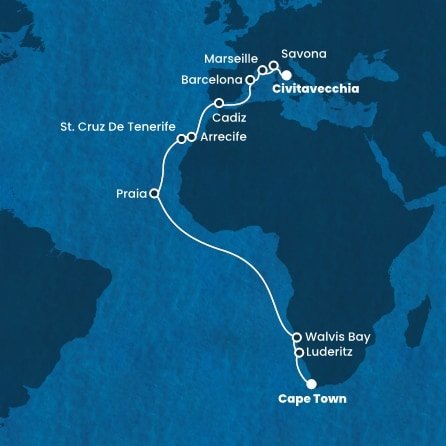 Juhoafrická republika, Namíbia, Kapverdy, Španielsko, Francúzsko, Taliansko z Kapského Mesta na lodi Costa Deliziosa