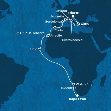 Juhoafrická republika, Namíbia, Kapverdy, Španielsko, Francúzsko, Taliansko, Grécko z Kapského Mesta na lodi Costa Deliziosa