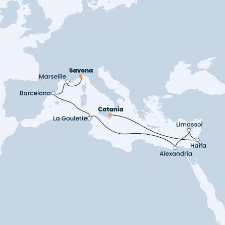 Taliansko, Izrael, Cyprus, Egypt, Tunisko, Španielsko, Francúzsko z Katánie na lodi Costa Fortuna