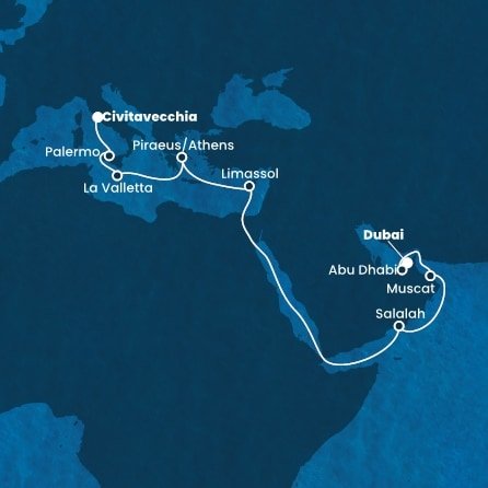 Spojené arabské emiráty, Omán, Cyprus, Grécko, Malta, Taliansko z Dubaja na lodi Costa Toscana