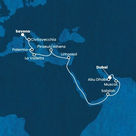 Spojené arabské emiráty, Omán, Cyprus, Grécko, Malta, Taliansko z Dubaja na lodi Costa Toscana