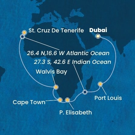 Spojené arabské emiráty, Maurícius, Juhoafrická republika, Namíbia, Španielsko z Dubaja na lodi Costa Smeralda