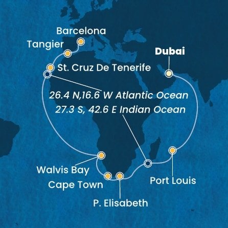 Spojené arabské emiráty, Maurícius, Juhoafrická republika, Namíbia, Španielsko, Maroko z Dubaja na lodi Costa Smeralda