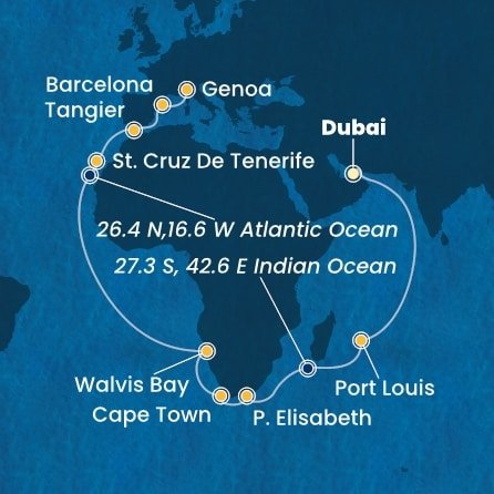 Spojené arabské emiráty, Maurícius, Juhoafrická republika, Namíbia, Španielsko, Maroko, Taliansko z Dubaja na lodi Costa Smeralda