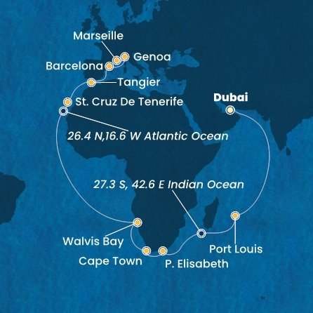 Spojené arabské emiráty, Maurícius, Juhoafrická republika, Namíbia, Španielsko, Maroko, Taliansko, Francúzsko z Dubaja na lodi Costa Smeralda