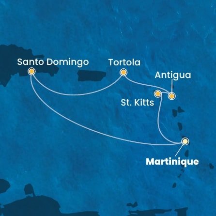 Martinik, Svätý Krištof a Nevis, Antigua a Barbuda, Britské Panenské ostrovy, Dominikánska republika z Fort de France, Martinik na lodi Costa Favolosa