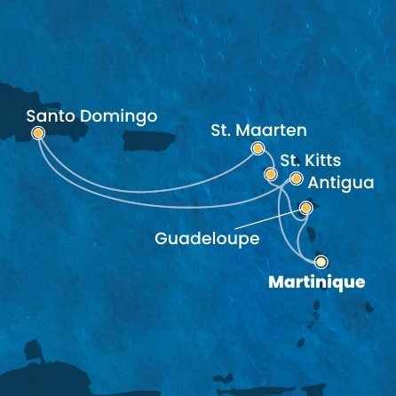 Martinik, Guadeloupe, Svätý Krištof a Nevis, Svatý Martin, Dominikánska republika, Antigua a Barbuda z Fort de France, Martinik na lodi Costa Favolosa