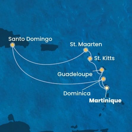 Martinik, Guadeloupe, Svätý Krištof a Nevis, Svatý Martin, Dominikánska republika, Dominika z Fort de France, Martinik na lodi Costa Favolosa