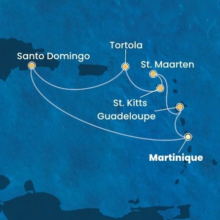 Martinik, Guadeloupe, Svatý Martin, Svätý Krištof a Nevis, Britské Panenské ostrovy, Dominikánska republika z Fort de France, Martinik na lodi Costa Favolosa