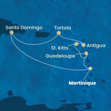 Martinik, Guadeloupe, Svätý Krištof a Nevis, Antigua a Barbuda, Britské Panenské ostrovy, Dominikánska republika z Fort de France, Martinik na lodi Costa Favolosa