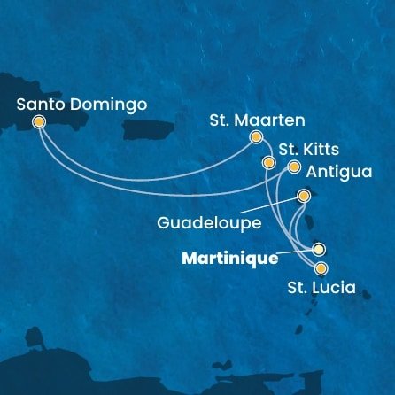 Martinik, Guadeloupe, Svätá Lucia, Svätý Krištof a Nevis, Svatý Martin, Dominikánska republika, Antigua a Barbuda z Fort de France, Martinik na lodi Costa Favolosa