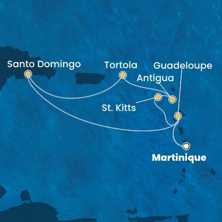 Martinik, Guadeloupe, Svätý Krištof a Nevis, Antigua a Barbuda, Britské Panenské ostrovy, Dominikánska republika z Fort de France, Martinik na lodi Costa Favolosa